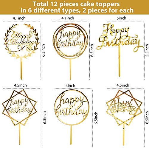 Queekay 12 Pieces Happy Birthday Cake Topper Acrylic Gold Birthd