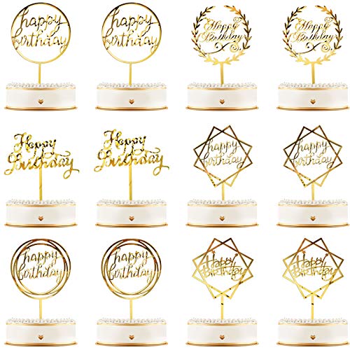 Queekay 12 Pieces Happy Birthday Cake Topper Acrylic Gold Birthd