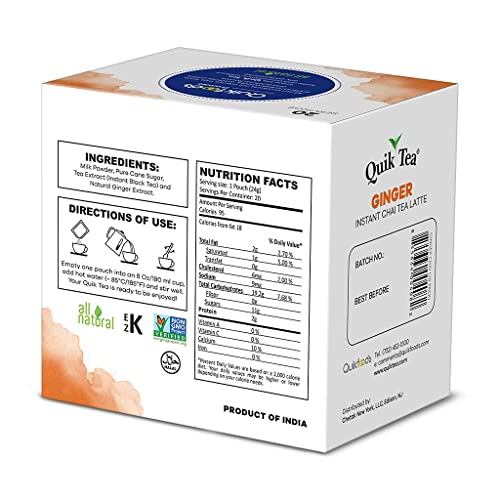 QuikTea Ginger Instant Chai Tea Latte - 20 Count Single Box - Al...