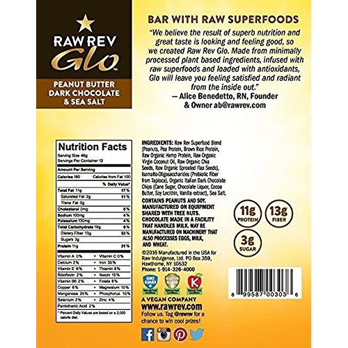 Raw Rev Glo Vegan Protein Bars, Peanut Butter Dark Chocolate &Amp; S