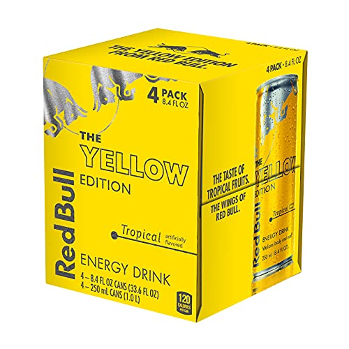 Red Bull Energy Drink, Tropical, 4 Pack Of 8.4 Fl Oz, Yellow Edi