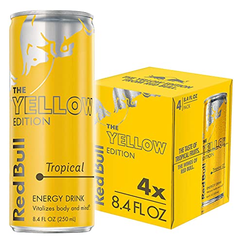 Red Bull Energy Drink, Tropical, 4 Pack Of 8.4 Fl Oz, Yellow Edi
