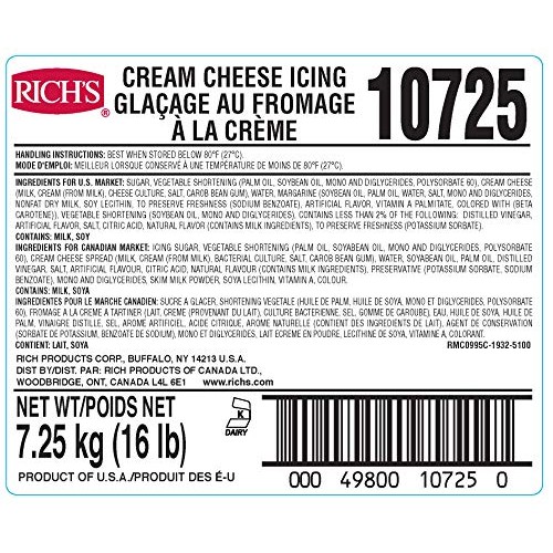 Richs Buttercream Style Cream Cheese Icing, 16 Lb Pail