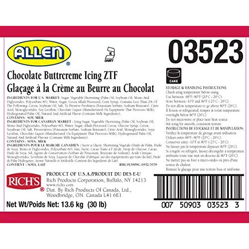 Richs JW Allen Pre-Whipped Chocolate Buttercreme Icing ZTF, 30 lb
