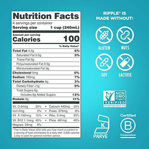 Ripple Non-Dairy Milk, Original, 32Oz 6 Pack | Vegan Milk With