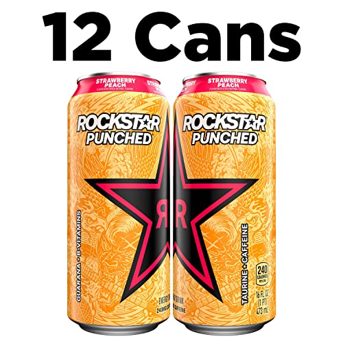 Rockstar Energy Drink Punched Strawberry Peach, 16Oz Cans 12 Pack