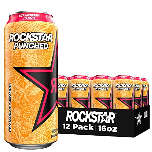Rockstar Energy Drink Punched Strawberry Peach, 16Oz Cans 12 Pack