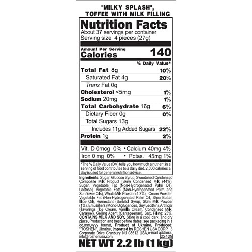 Roshen Toffee Candy With Milk Filling «A Glass Of Milk», 2.2 Lbs