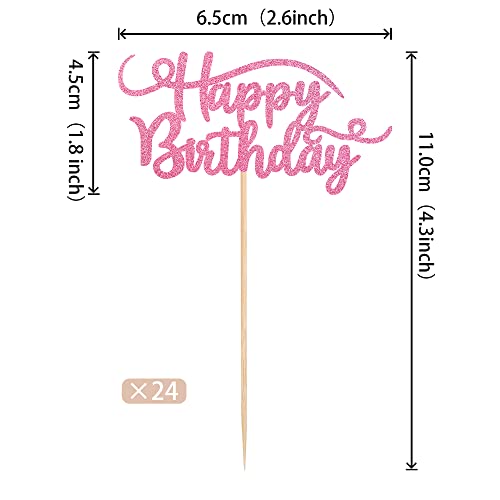 Rsstarxi 24 Pack Happy Birthday Cupcake Toppers Pink Glitter Bir