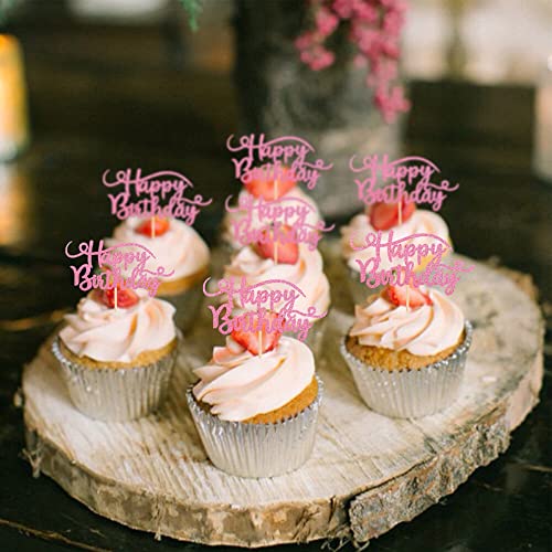 Rsstarxi 24 Pack Happy Birthday Cupcake Toppers Pink Glitter Bir