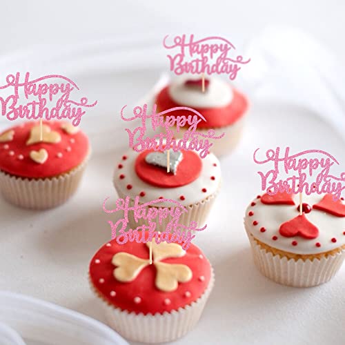 Rsstarxi 24 Pack Happy Birthday Cupcake Toppers Pink Glitter Bir