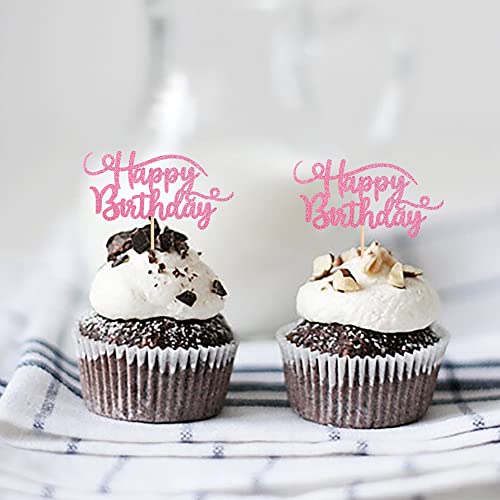 Rsstarxi 24 Pack Happy Birthday Cupcake Toppers Pink Glitter Bir