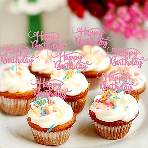 Rsstarxi 24 Pack Happy Birthday Cupcake Toppers Pink Glitter Bir