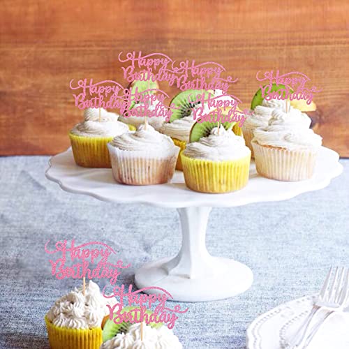 Rsstarxi 24 Pack Happy Birthday Cupcake Toppers Pink Glitter Bir