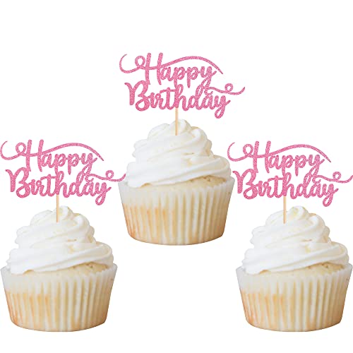 Rsstarxi 24 Pack Happy Birthday Cupcake Toppers Pink Glitter Bir