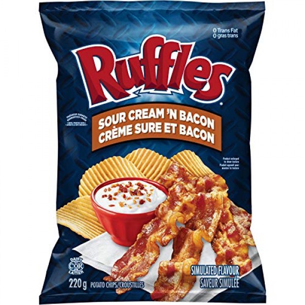 Lays Ruffles Sour Cream & Bacon Potato Chips, Large Bag, {Import...