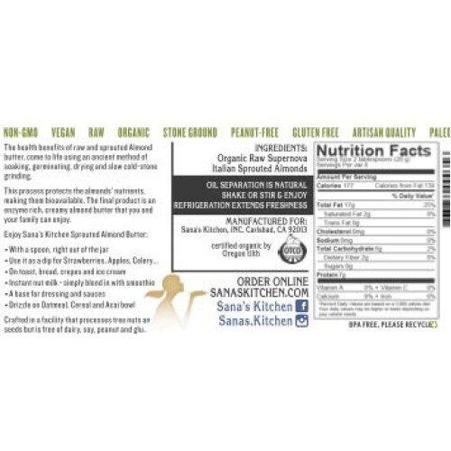 Sanas Kitchen Sprouted Stone Ground Raw Italian Almond Butter,