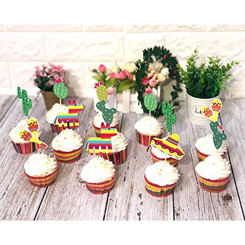 42 Pcs Mexican Fiesta Cupcake Toppers Decoration, Cactus Donkey