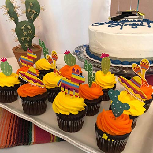42 Pcs Mexican Fiesta Cupcake Toppers Decoration, Cactus Donkey