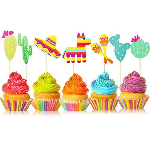 42 Pcs Mexican Fiesta Cupcake Toppers Decoration, Cactus Donkey