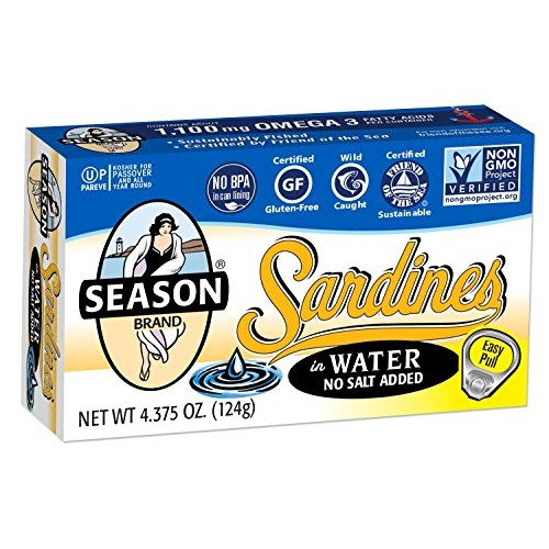 Season Sardines In Water, No Salt Added, 4.375-Ounce Tins Pack