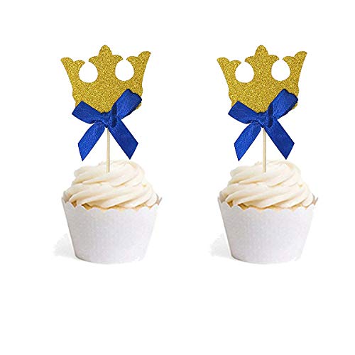 Gold Glitter Crown Cupcake Toppers And Blue Bow, Seasonsky 40 Pa