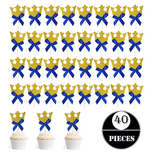 Gold Glitter Crown Cupcake Toppers And Blue Bow, Seasonsky 40 Pa