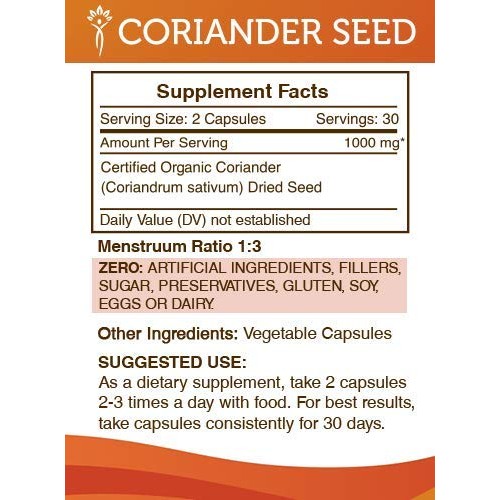 Coriander Seed 60 Capsules, 1000 Mg, Organic Coriander Seed Cor