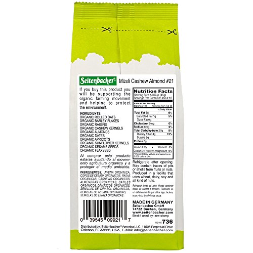Seitenbacher Organic Muesli Cashews Almonds Natural Cereal, 16 O