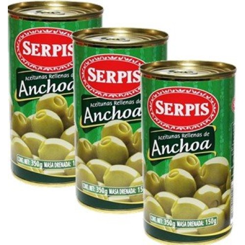 Serpis - Green Olives Stuffed With Anchovies. 12.34 Oz Pack Of 3
