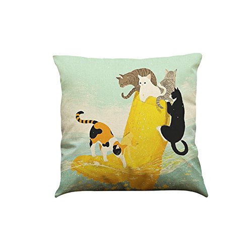 Shan-S Happy Cute Cat Print Pillow Cotton Linen Cushions Cover T