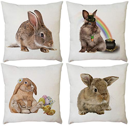 Shan-S Set Of 4 Easter Bunny Pillow Cover Happy Easter Day Rabbi
