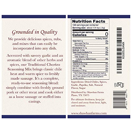 Shawhan Farms Traditional Chorizo Seasoning | Gluten Free | 3.5