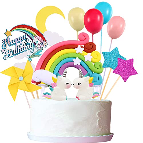 22Pcs Unicorn Cake Topper Kit Cloud Rainbow Balloon Happy Birthd