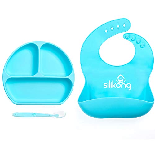 Silicone Baby Feeding Set - Divided Suction Plate, Silicone Bib
