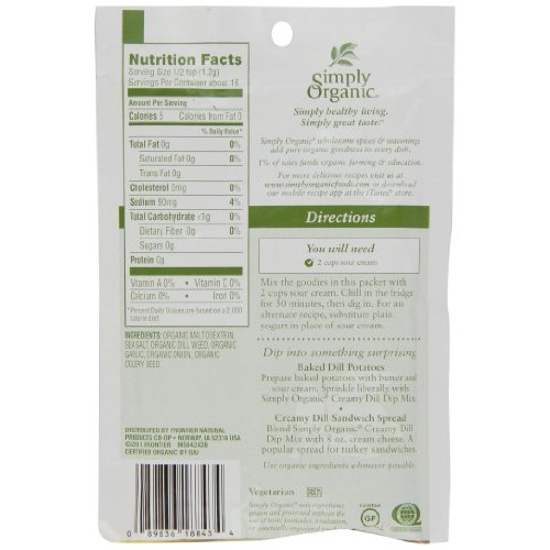 Simply Organic, Dip Mix Creamy Dill Organic, 0.7 Ounce