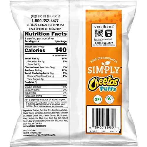 Simply Cheetos Puffs White Cheddar Cheese Flavored Snacks, 36 Count