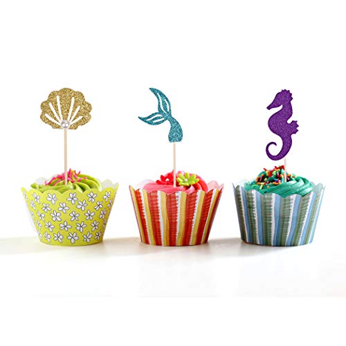 Since1989 24 Pcs Glitter Mermaid Cupcake Toppers, Mermaid Party