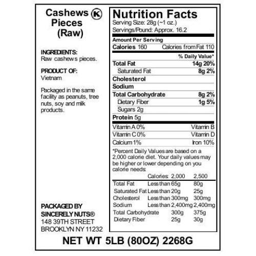 Sincerely Nuts Cashew Pieces Raw 5 Lb- Vegan, Keto, Paleo An