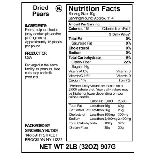 Sincerely Nuts Dried Pears - Two Lb. Bag - Terrific Taste - Plum