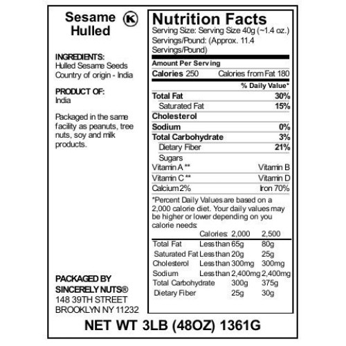 Sincerely Nuts Hulled Sesame Seeds 3Lb Bag | A Heart Healthy S