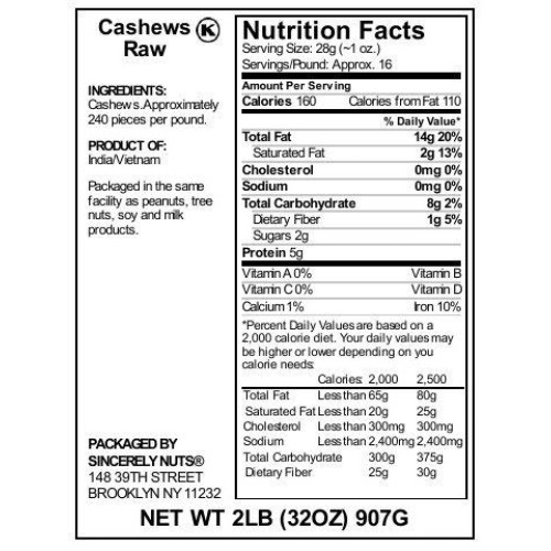 Sincerely Nuts - Raw Cashews Whole And Unsalted | Two Lbs. Bag |