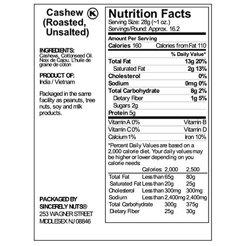 Sincerely Nuts – Whole Cashews Roasted And Unsalted | Two Lb. Ba