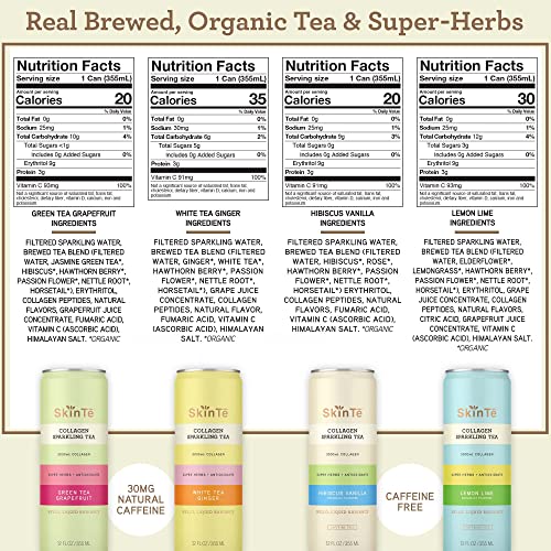 Collagen Sparkling Tea By Skinte | 4-Flavor Variety Pack | 12 Oz