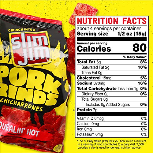 Slim Jim Pork Rinds Squealin Hot Fried Snacks, Keto Friendly, 2