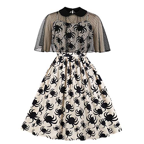 Women Hepburn Vintage Dress Halloween Spider Printed Trim Skirt