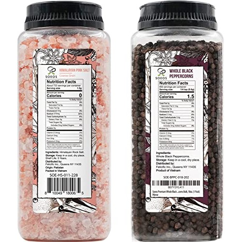 Soeos Himalayan Pink Salt 39 oz + Whole Black Peppercorns 18 oz,...