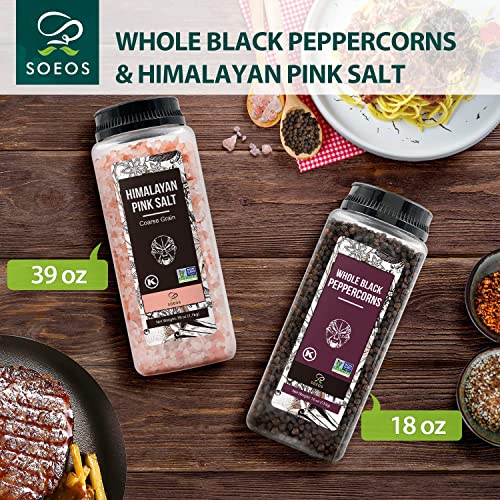 Soeos Himalayan Pink Salt 39 oz + Whole Black Peppercorns 18 oz,...