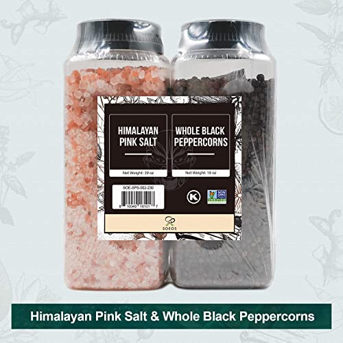 Soeos Himalayan Pink Salt 39 oz + Whole Black Peppercorns 18 oz,...