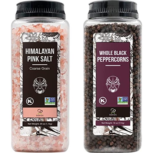 Soeos Himalayan Pink Salt 39 oz + Whole Black Peppercorns 18 oz,...